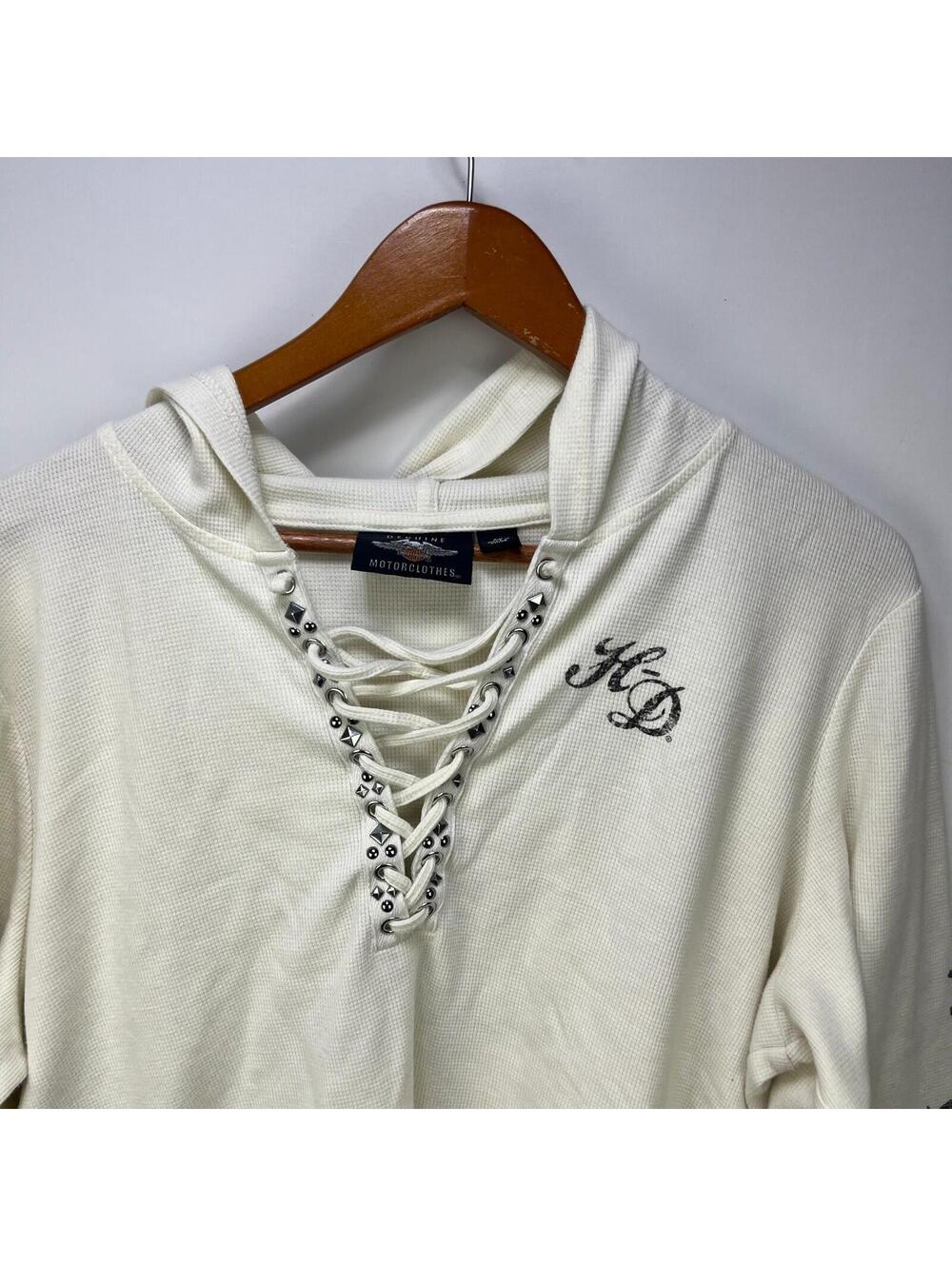 Vintage Harley Davidson Rhinestone Skull Thermal Hoodie 2W - Picture 7 of 12